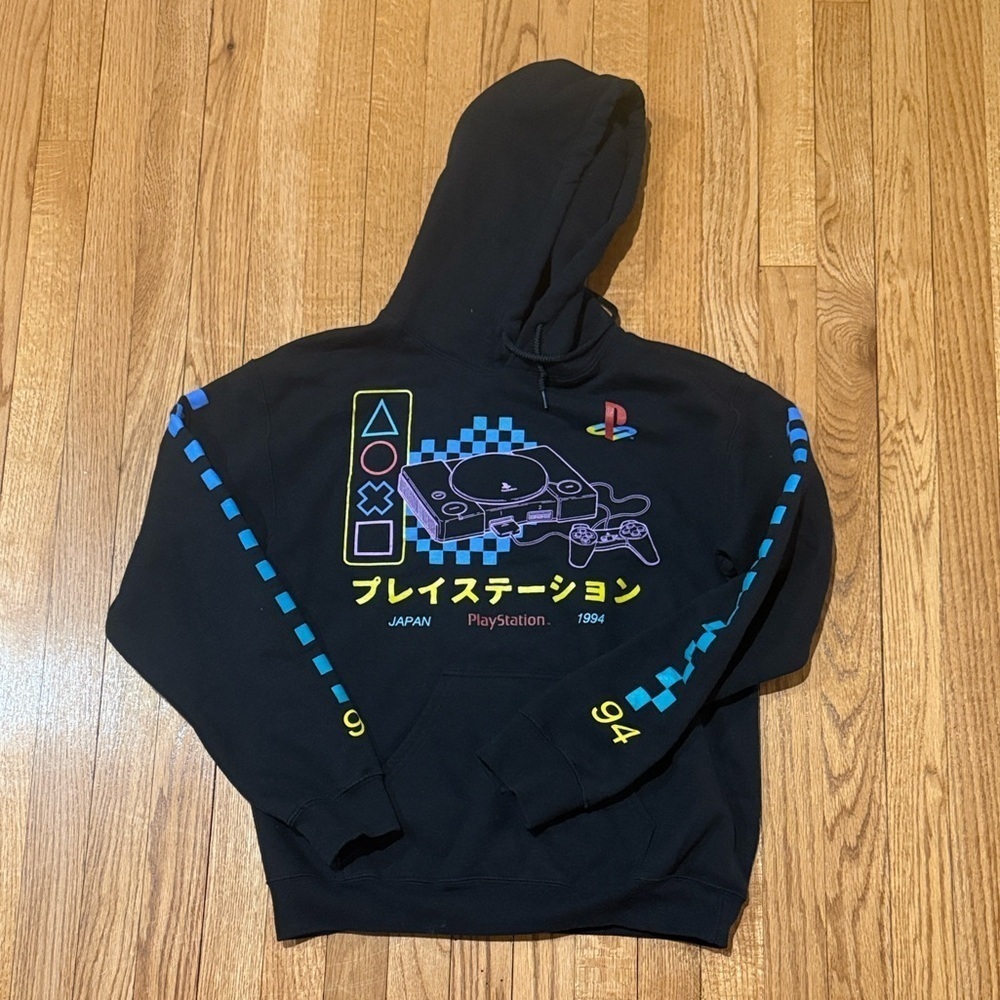 PlayStation PS1 Hoodie Sweatshirt Retro Gamer Japan 1994 Small Men's Black